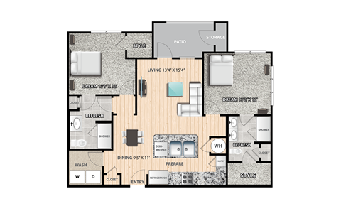 Floor plan for 2 beds, 2 baths, 1163 sqft